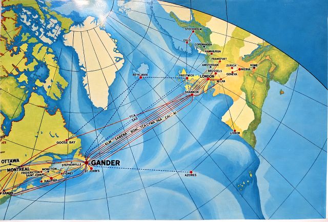 A painted map of the North Atlantic showing the air routes that pass through Gander
