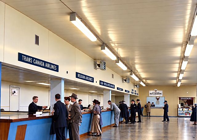 Airline ticket counters inside the terminal for Trans Canada Airlines, Belgian Airlines and others, with passengers lined up